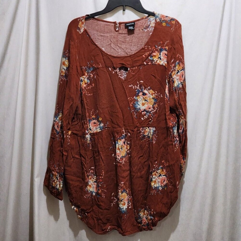 Torrid Brown Floral Long Sleeve Keyhole Top Blouse Womens Size 1 1X RN148862
